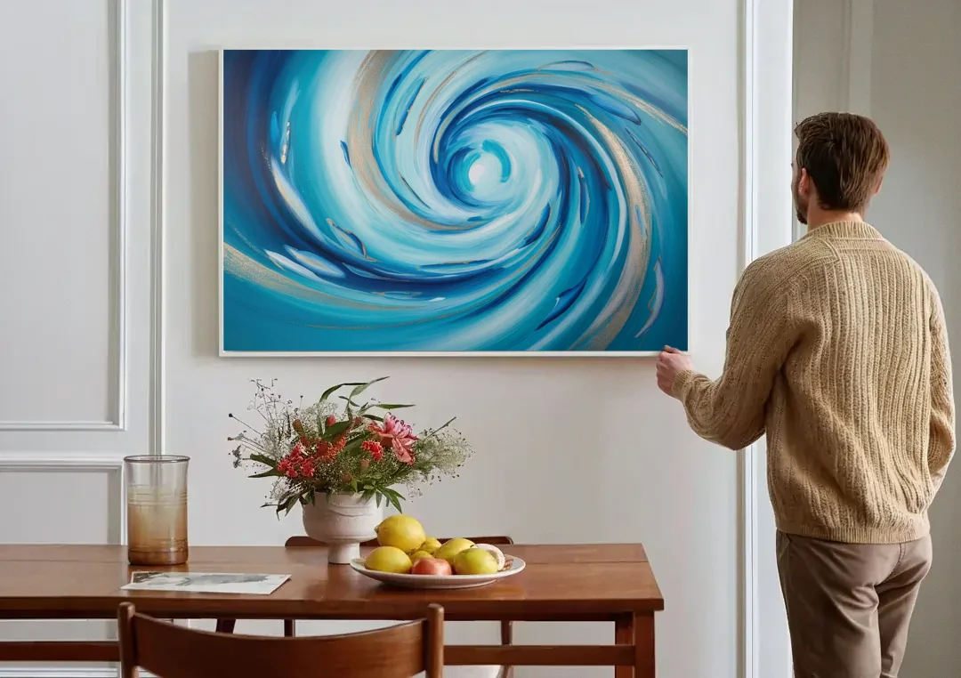 Ethereal Vortex Oceanic Blue Abstract canvas wall art above a dining table