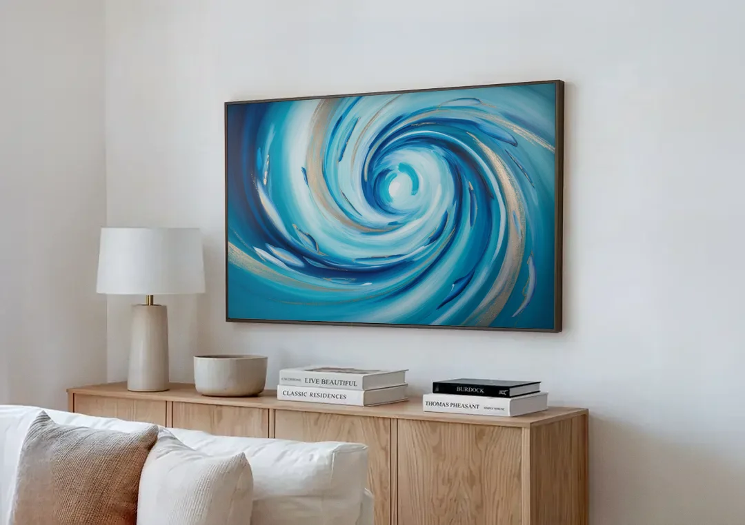 Ethereal Vortex Oceanic Blue Abstract canvas wall art above a wooden sideboard next to a sofa