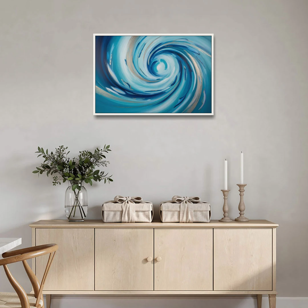 Ethereal Vortex Oceanic Blue Abstract - White Framed Canvas Wall Art - Coffee Table - 36x24