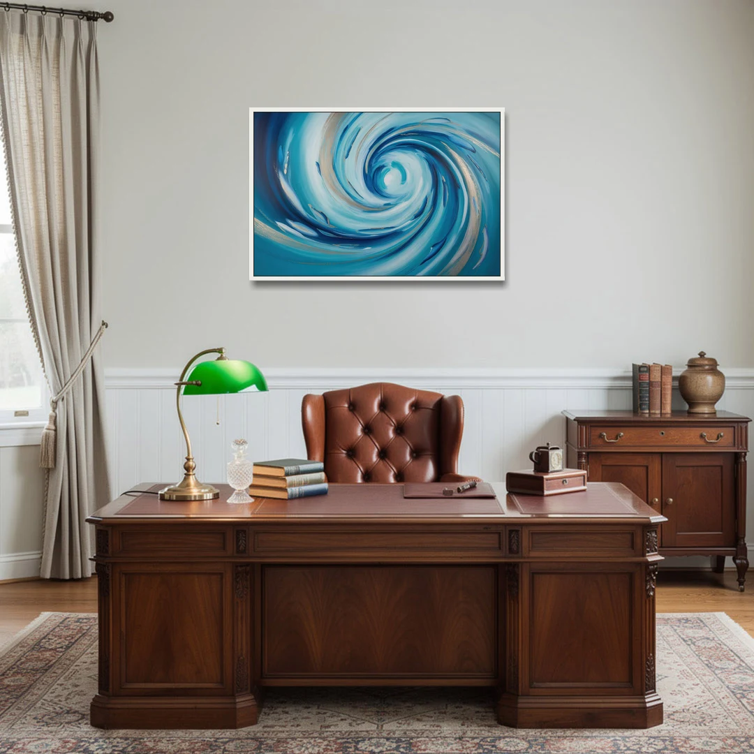 Ethereal Vortex Oceanic Blue Abstract - White Framed Canvas Wall Art - Office - 36x24