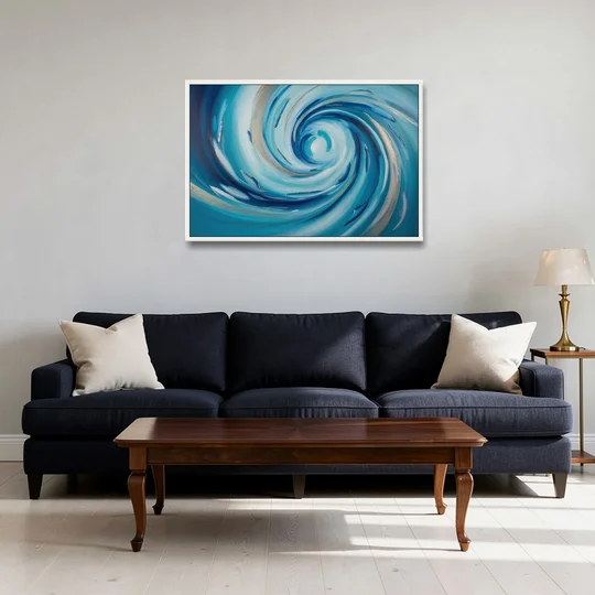 Ethereal Vortex Oceanic Blue Abstract - White Framed Canvas Wall Art - Sofa - 36x24