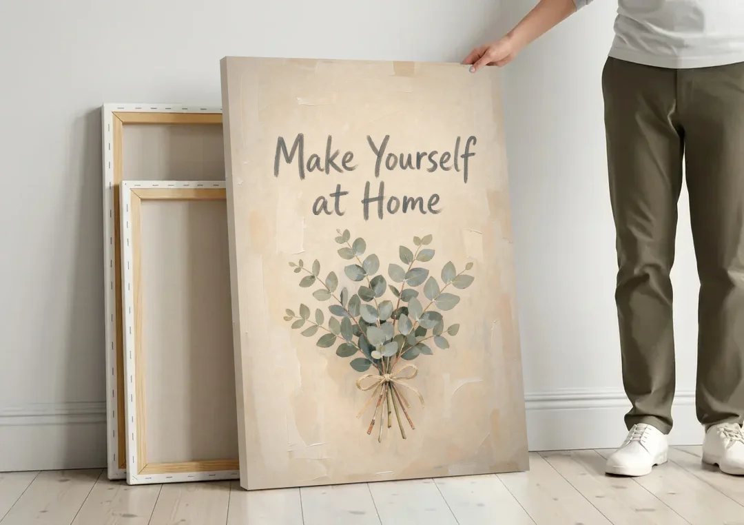 Eucalyptus Canvas Art Make Yourself at Home canvas wall art leaning against a wall next to blank canvases