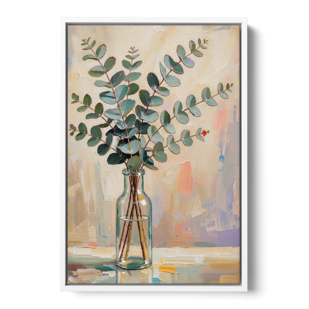 Eucalyptus Canvas Print in a Glass Bottle - White Framed Canvas Wall Art - Front