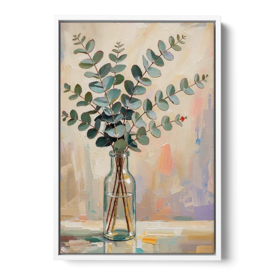 Eucalyptus Canvas Print in a Glass Bottle - White Framed Canvas Wall Art - Front