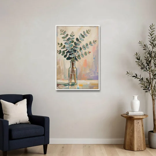 Eucalyptus Canvas Print in a Glass Bottle - White Framed Canvas Wall Art - Sofa - 24x36