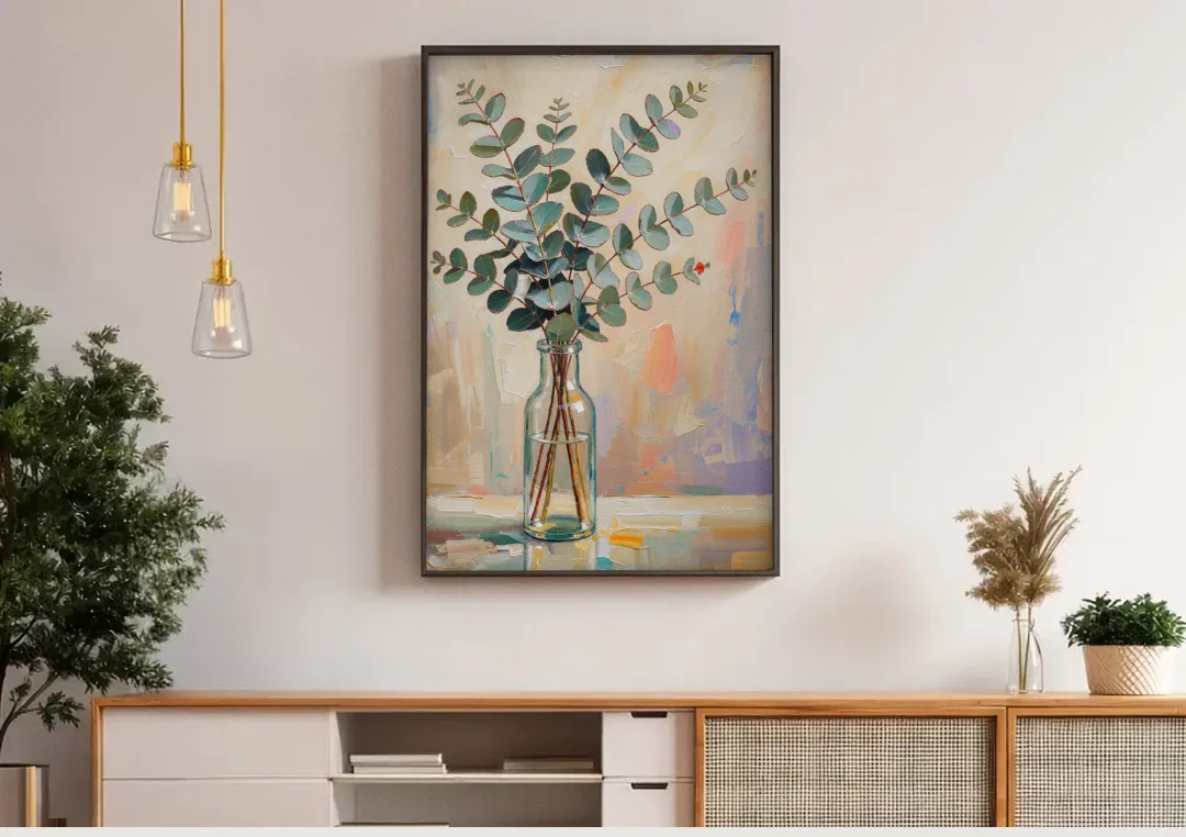 Eucalyptus Canvas Print in a Glass Bottle canvas wall art above a wooden sideboard under pendant lights