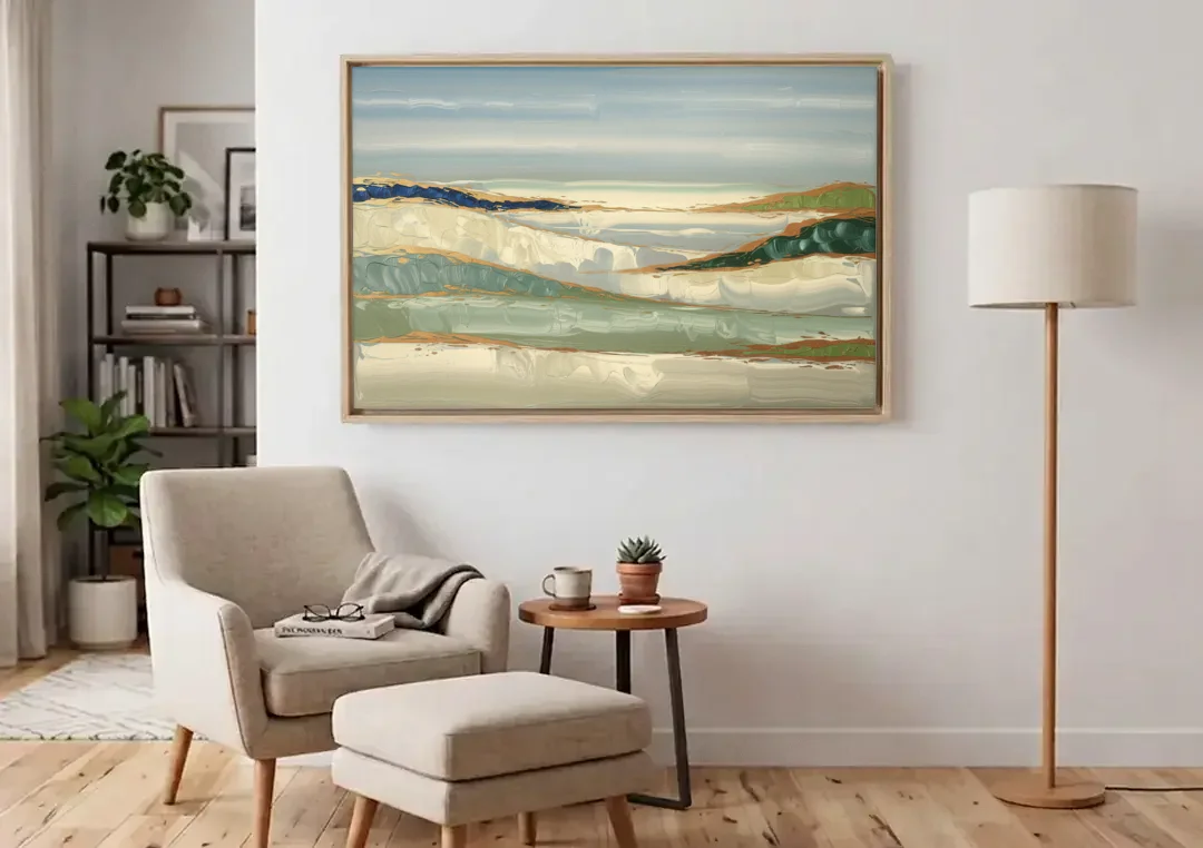 Eugene Abstract Landscape canvas wall art above an armchair in a bright living room