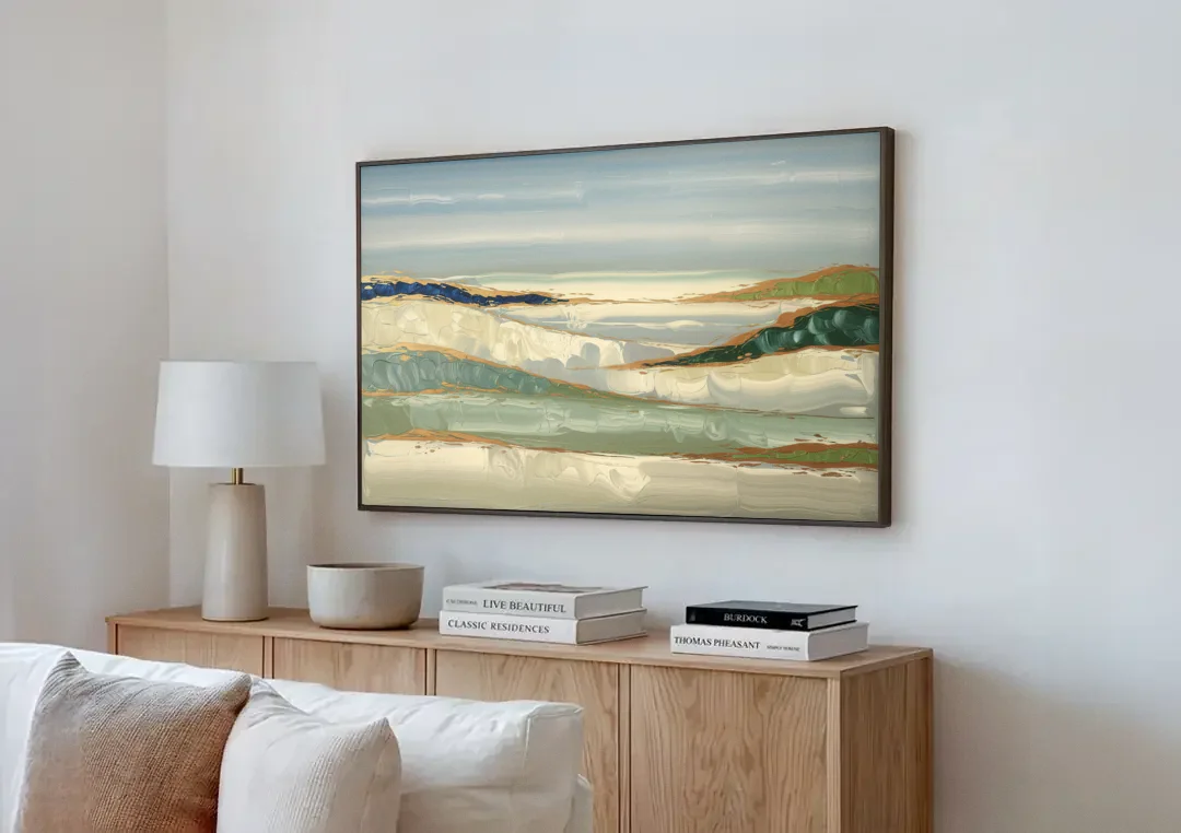 Eugene Abstract Landscape canvas wall art above a wooden sideboard next to a sofa