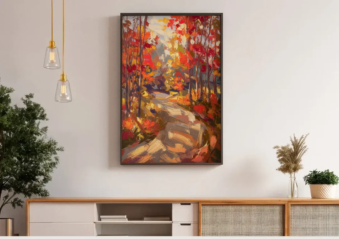 Eugene Autumn Scene canvas wall art above a wooden sideboard under pendant lights