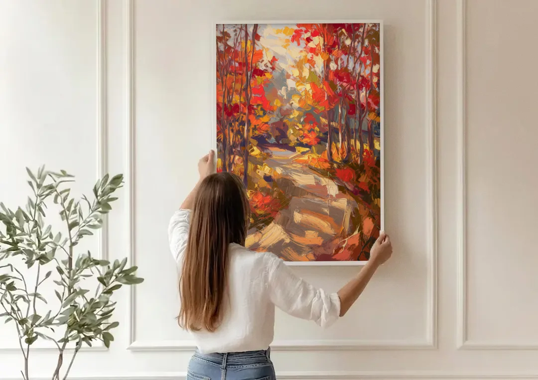 Eugene Autumn Scene canvas wall art being hung on a paneled wall