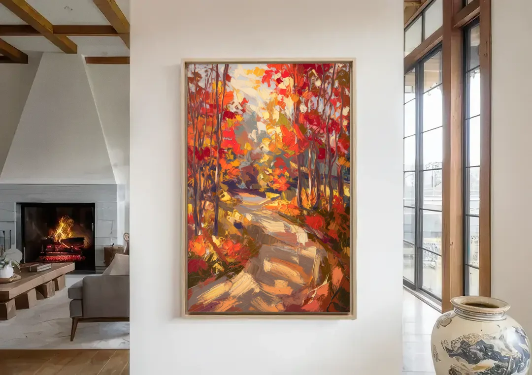 Eugene Autumn Scene canvas wall art in a living room with a fireplace