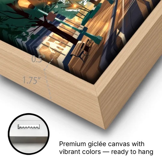 Eugene Cityscape Downtown - Oak Framed Canvas Wall Art - Gallery Wrap Corner