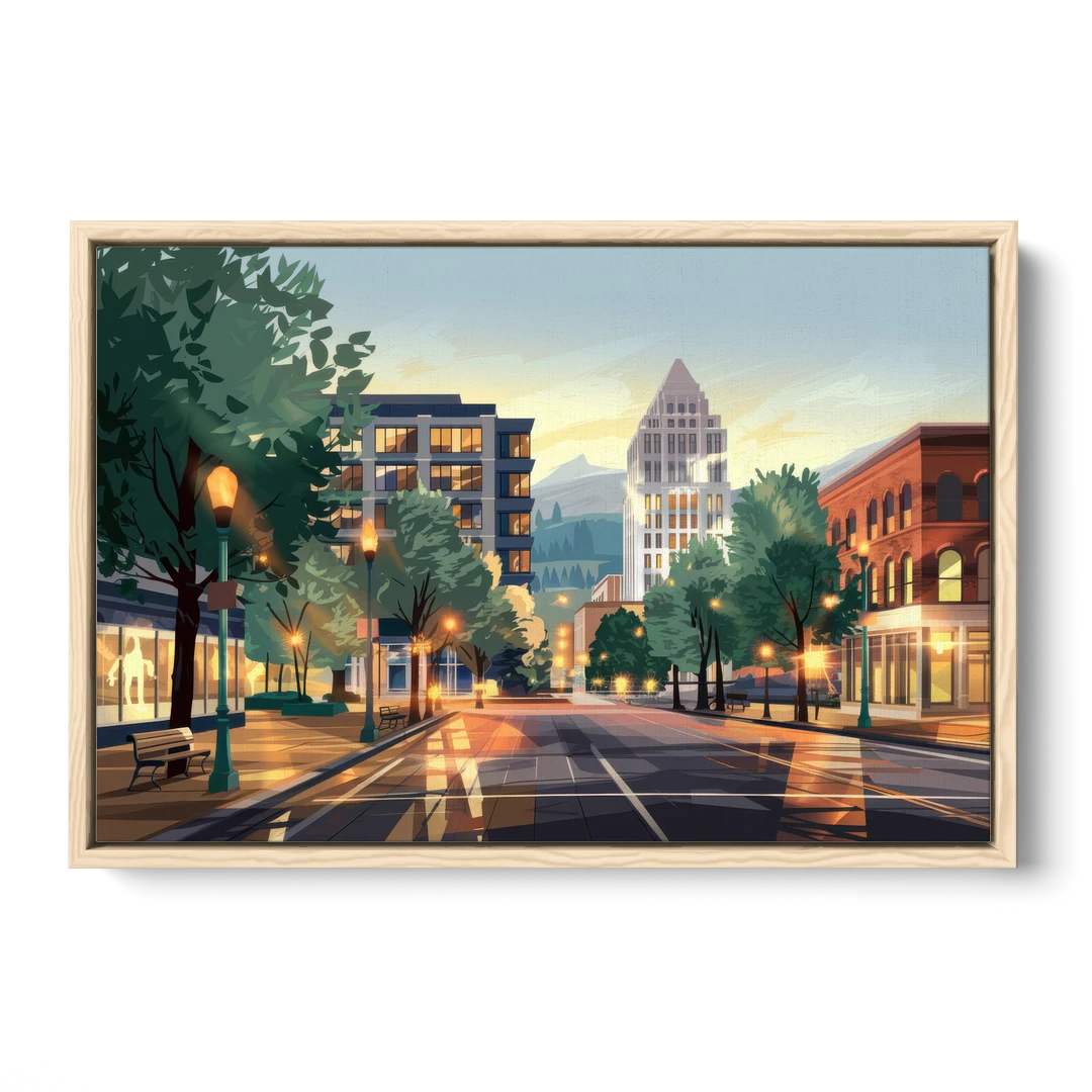 Eugene Cityscape Downtown - Oak Framed Canvas Wall Art - Front