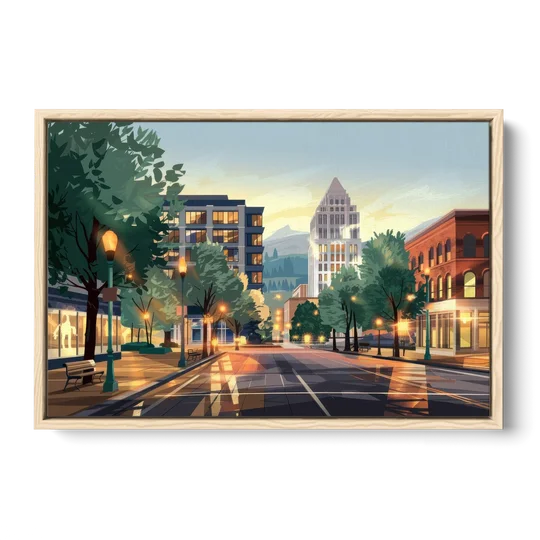 Eugene Cityscape Downtown - Oak Framed Canvas Wall Art - Front