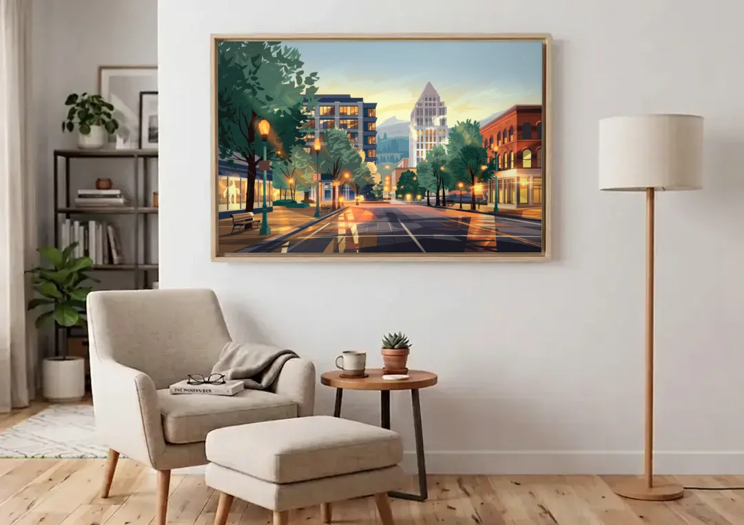 Eugene Cityscape Downtown canvas wall art above an armchair in a bright living room