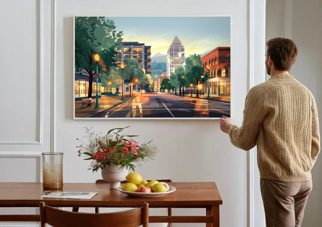 Eugene Cityscape Downtown canvas wall art above a dining table