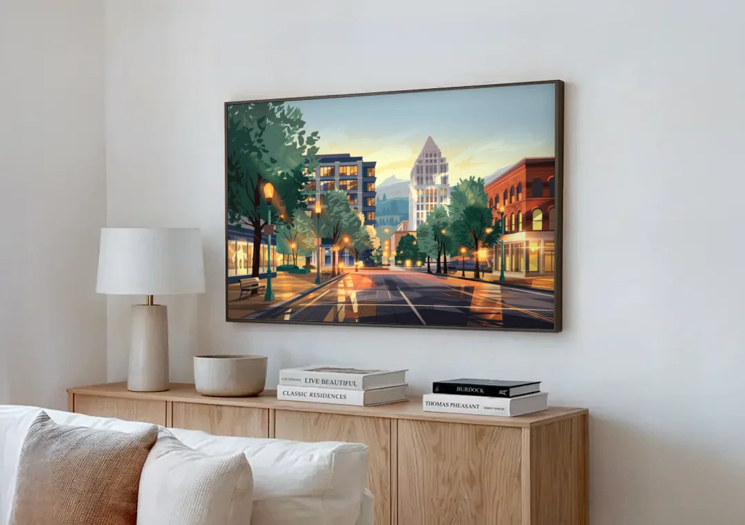 Eugene Cityscape Downtown canvas wall art above a wooden sideboard next to a sofa