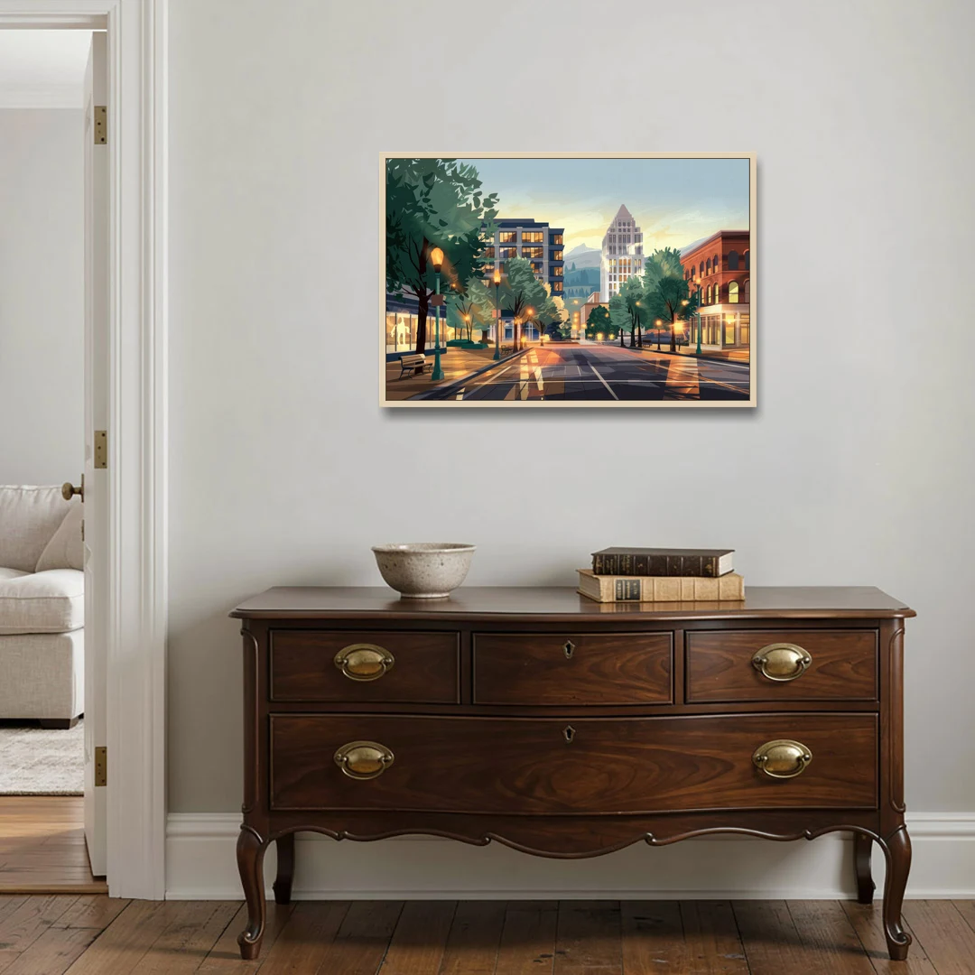 Eugene Cityscape Downtown - Oak Framed Canvas Wall Art - Coffee Table - 36x24