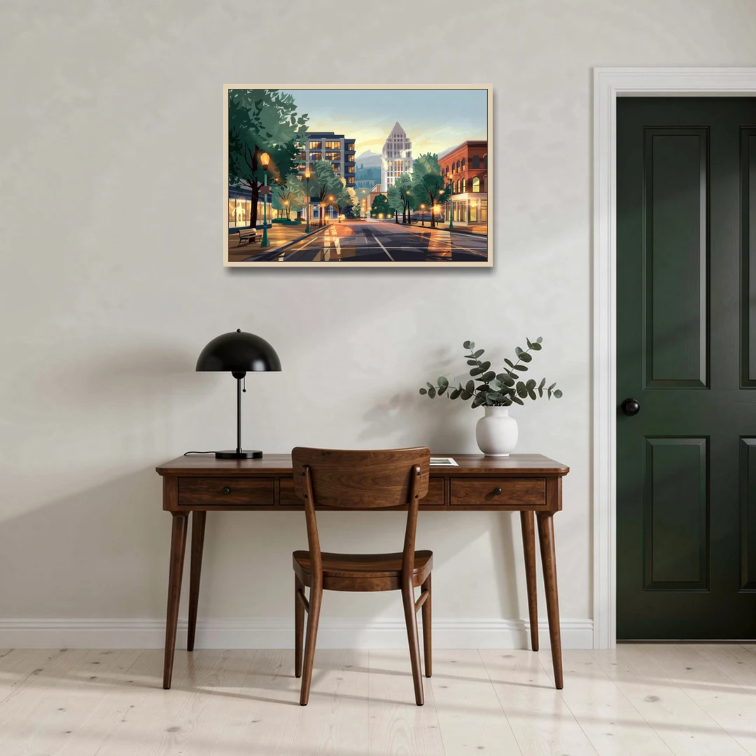 Eugene Cityscape Downtown - Oak Framed Canvas Wall Art - Office - 36x24