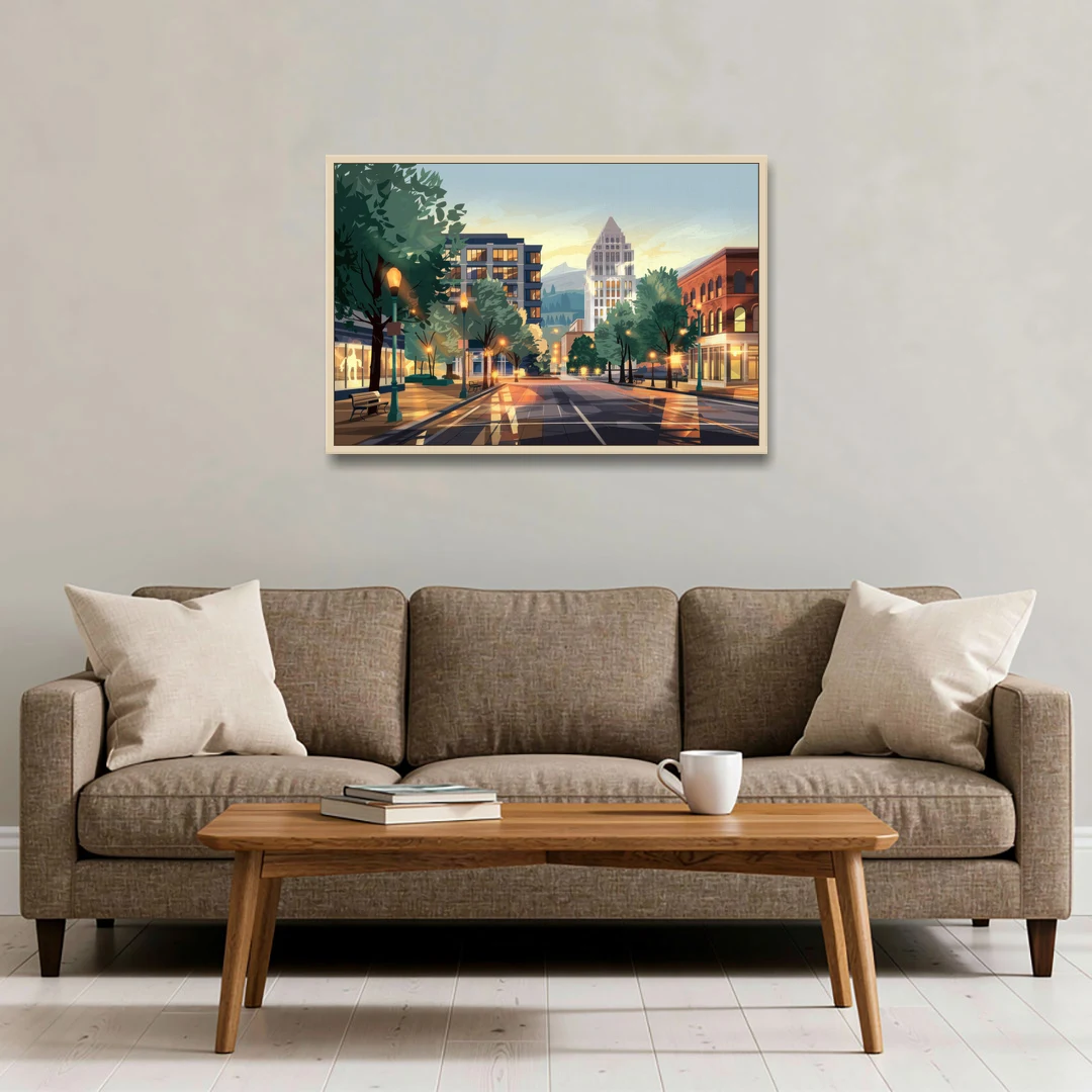 Eugene Cityscape Downtown - Oak Framed Canvas Wall Art - Sofa - 36x24