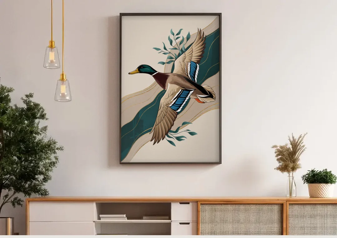 Eugene Ducks Fan Design canvas wall art above a wooden sideboard under pendant lights