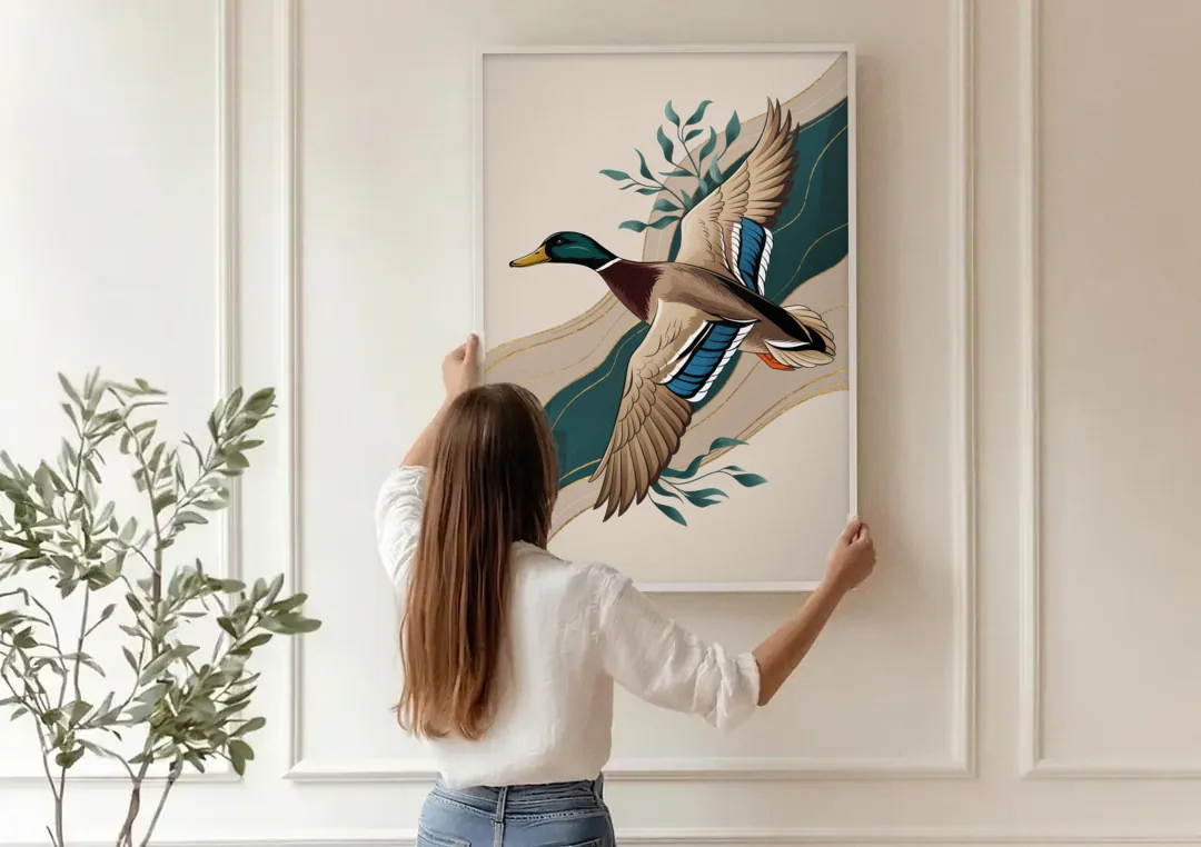 Eugene Ducks Fan Design canvas wall art being hung on a paneled wall