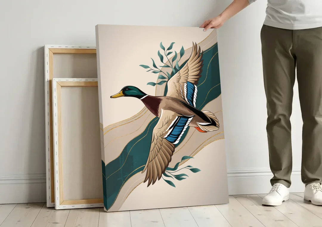 Eugene Ducks Fan Design canvas wall art leaning against a wall next to blank canvases