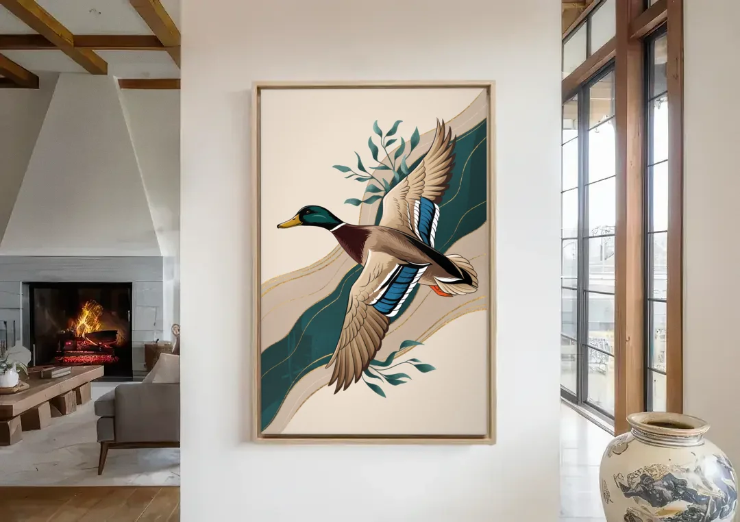 Eugene Ducks Fan Design canvas wall art in a living room with a fireplace