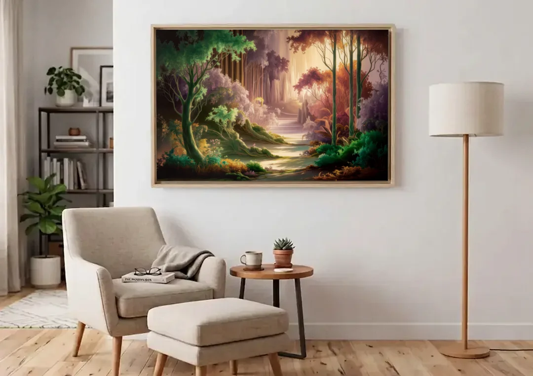 Eugene Forest Serenity canvas wall art above an armchair in a bright living room