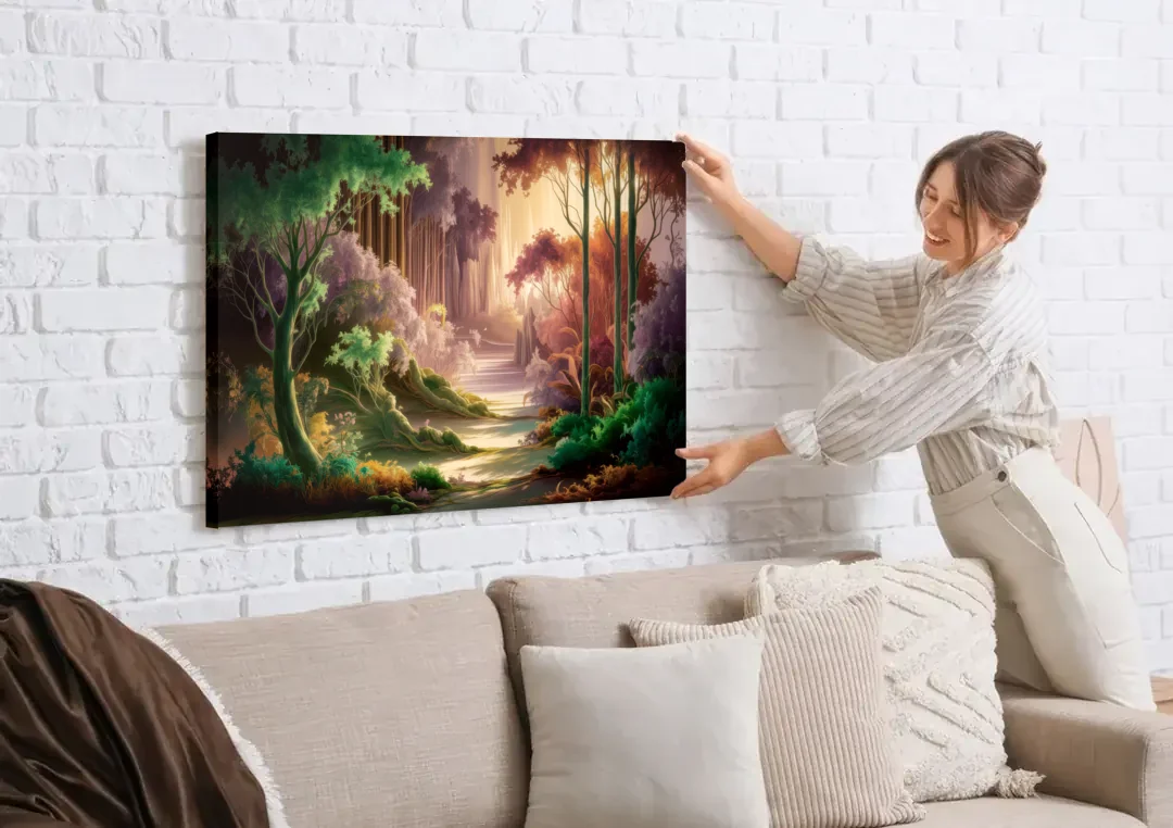 Eugene Forest Serenity canvas wall art being hung on a white brick wall above a sofa