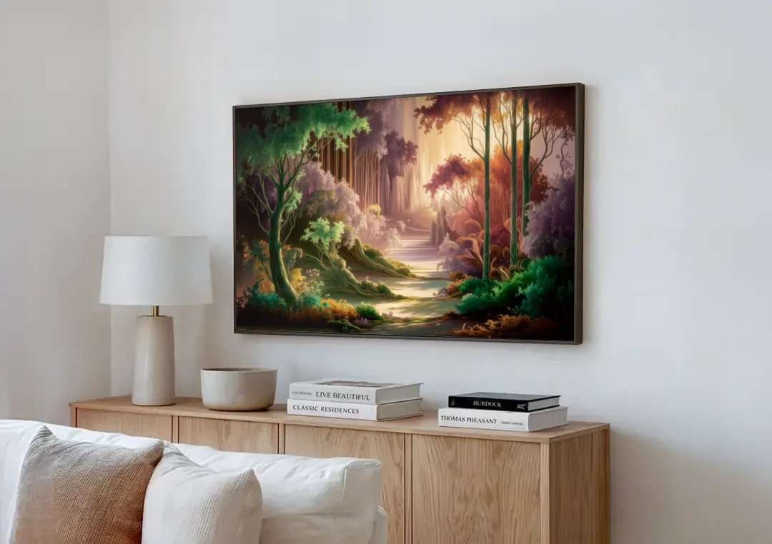 Eugene Forest Serenity canvas wall art above a wooden sideboard next to a sofa