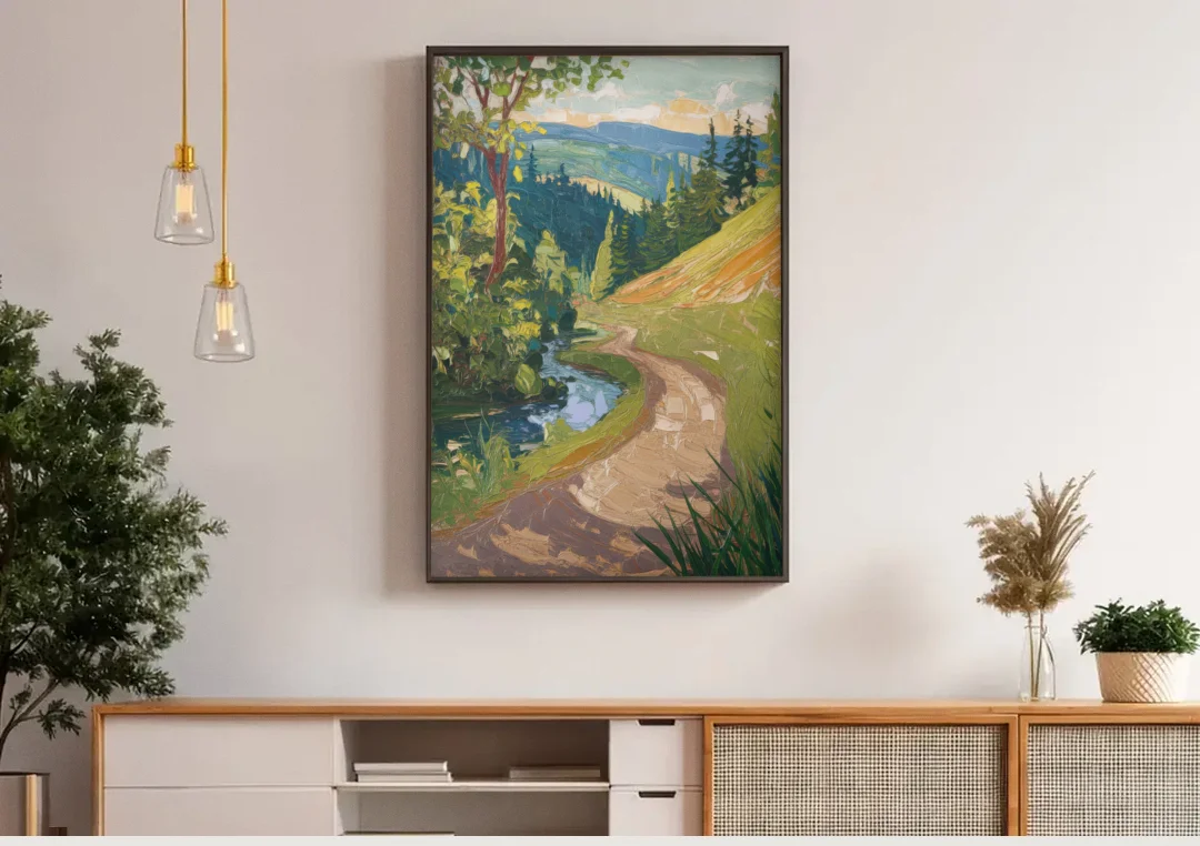 Eugene Nature Trails canvas wall art above a wooden sideboard under pendant lights