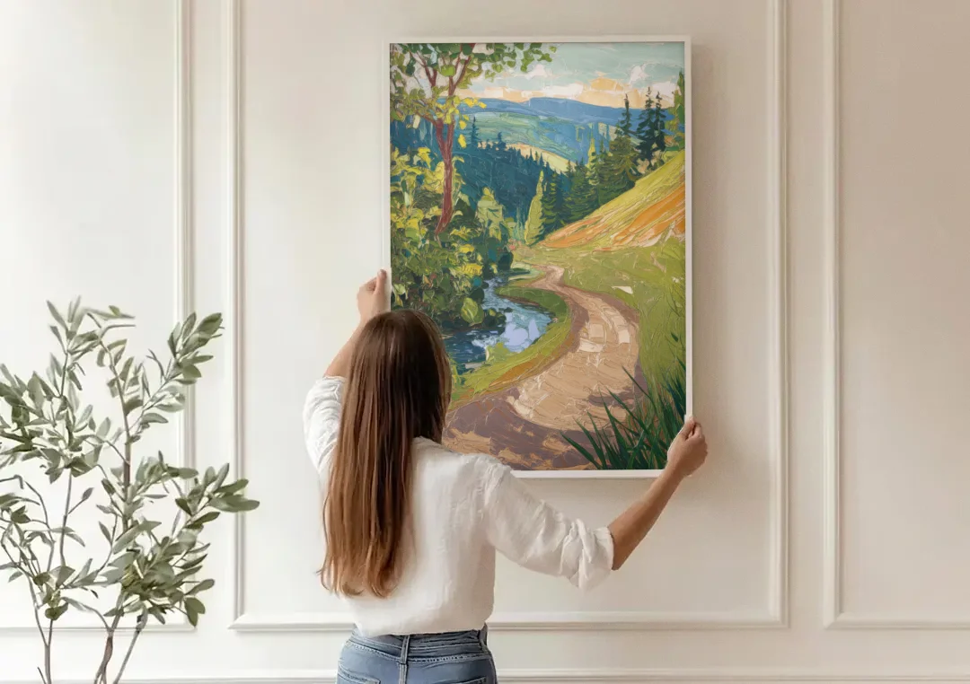 Eugene Nature Trails canvas wall art being hung on a paneled wall