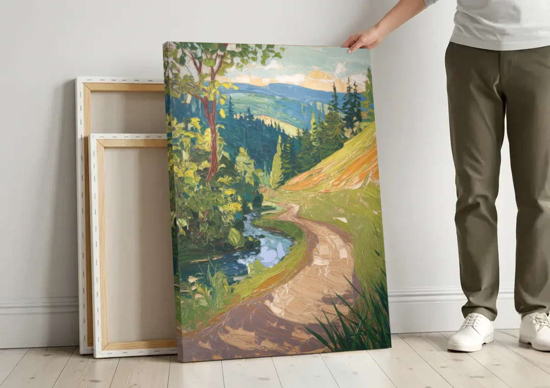 Eugene Nature Trails canvas wall art leaning against a wall next to blank canvases