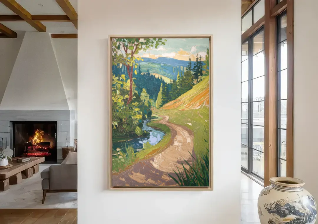 Eugene Nature Trails canvas wall art in a living room with a fireplace