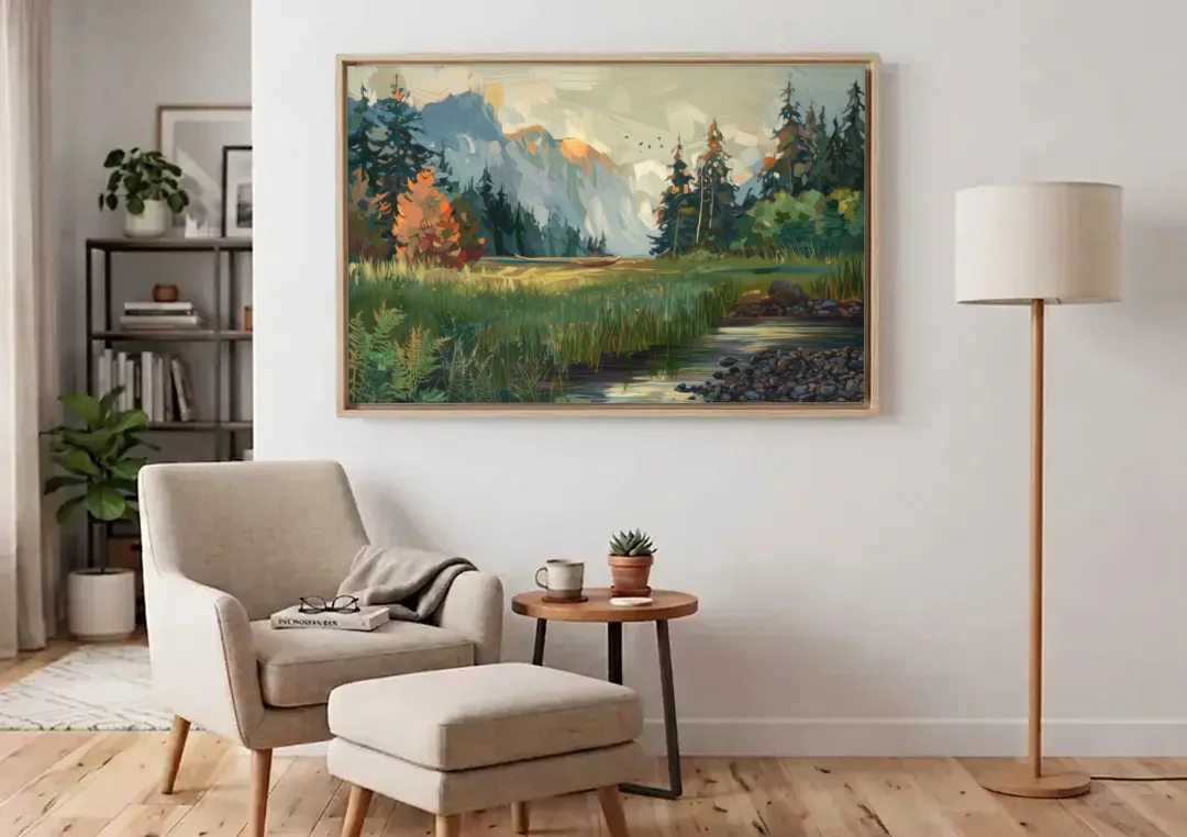 Eugene Pacific Northwest Style canvas wall art above an armchair in a bright living room