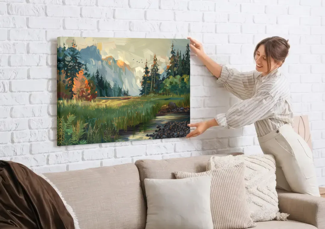 Eugene Pacific Northwest Style canvas wall art being hung on a white brick wall above a sofa