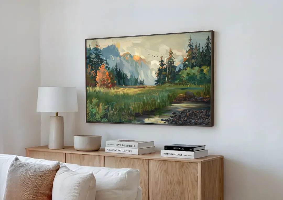 Eugene Pacific Northwest Style canvas wall art above a wooden sideboard next to a sofa