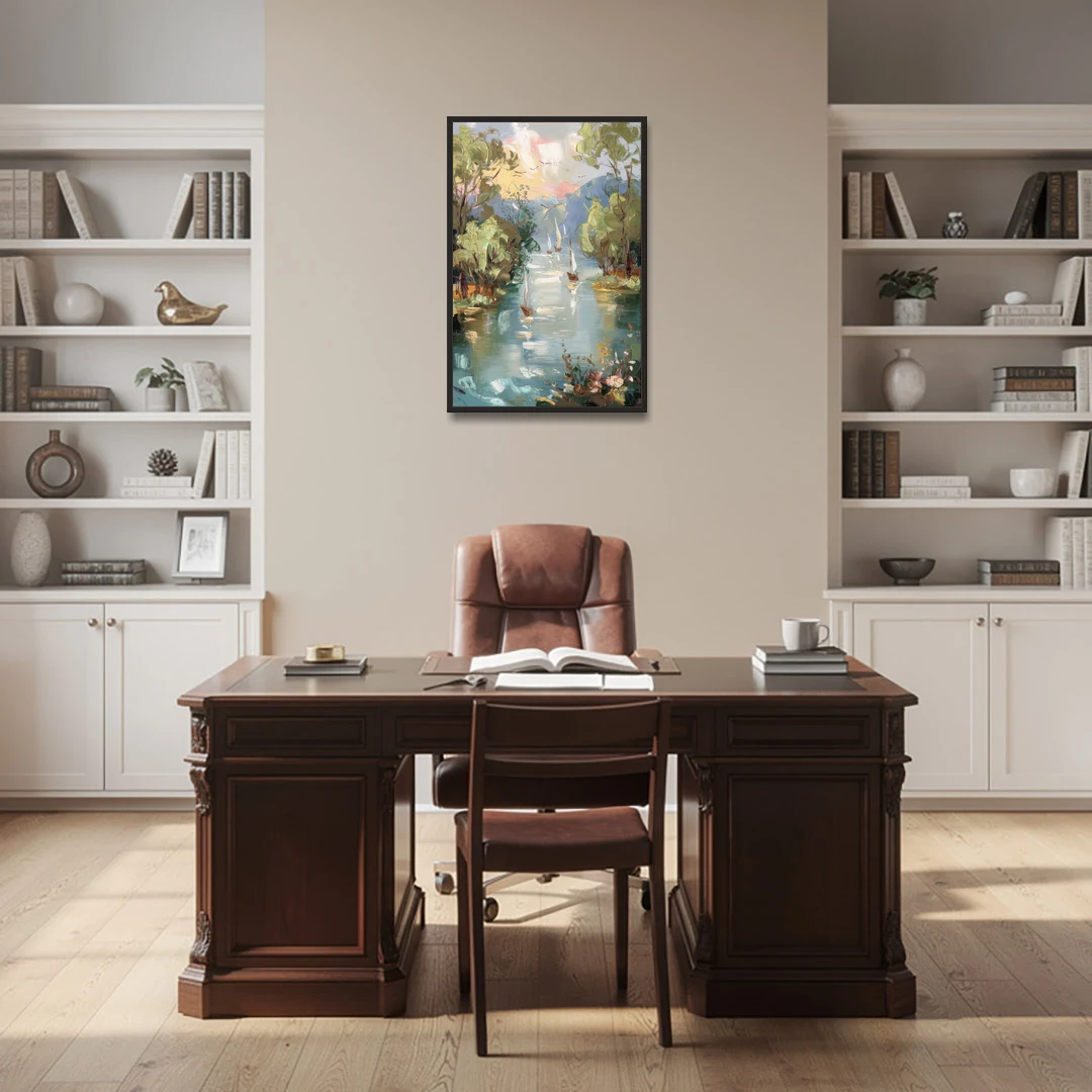 Eugene Riverfront Views - Black Framed Canvas Wall Art - Office - 24x36