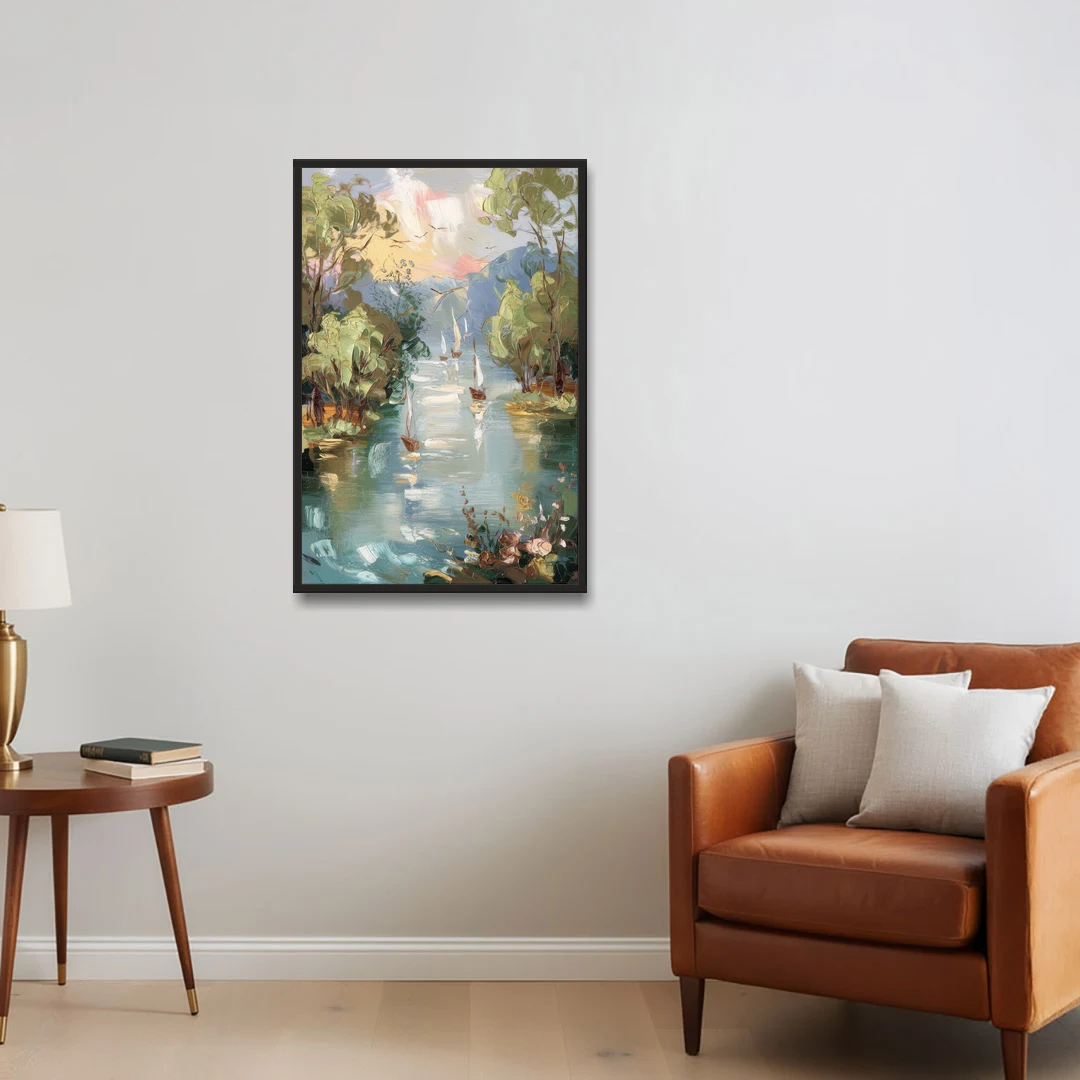 Eugene Riverfront Views - Black Framed Canvas Wall Art - Sofa - 24x36