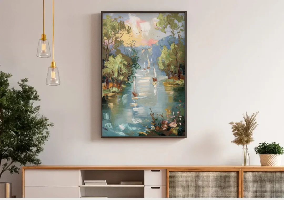 Eugene Riverfront Views canvas wall art above a wooden sideboard under pendant lights