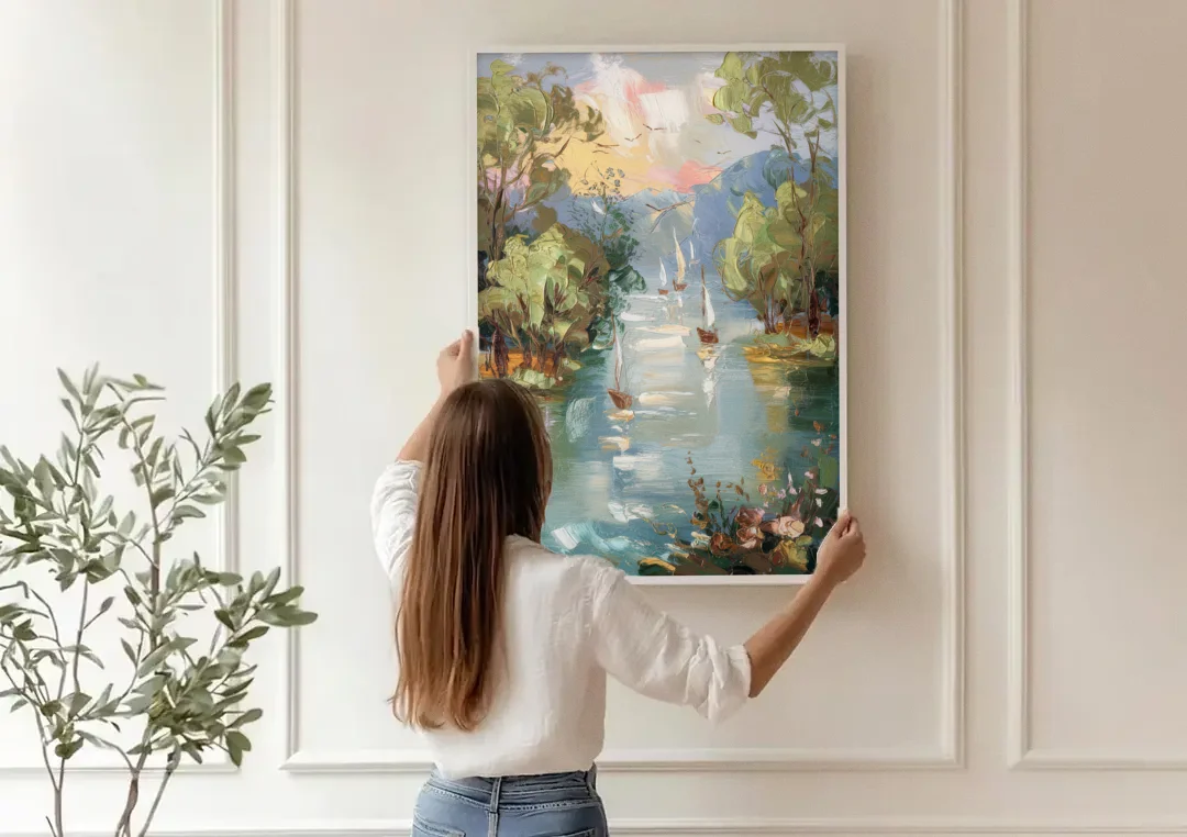 Eugene Riverfront Views canvas wall art being hung on a paneled wall