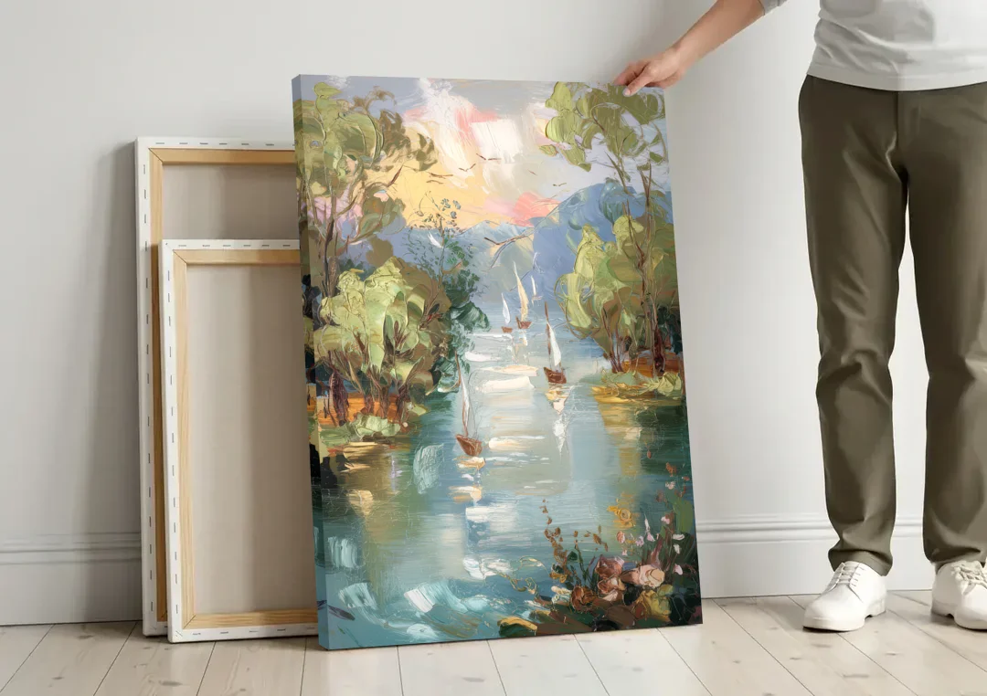 Eugene Riverfront Views canvas wall art leaning against a wall next to blank canvases