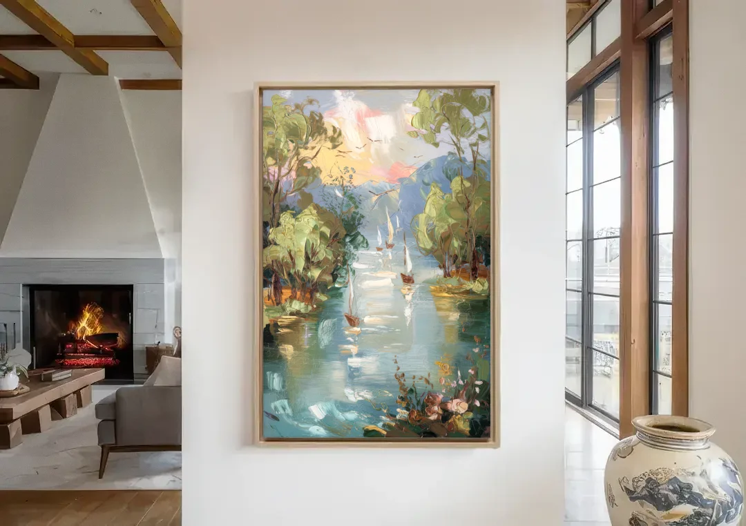 Eugene Riverfront Views canvas wall art in a living room with a fireplace