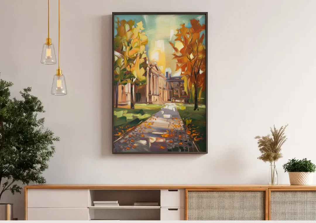 Eugene University Vibes canvas wall art above a wooden sideboard under pendant lights