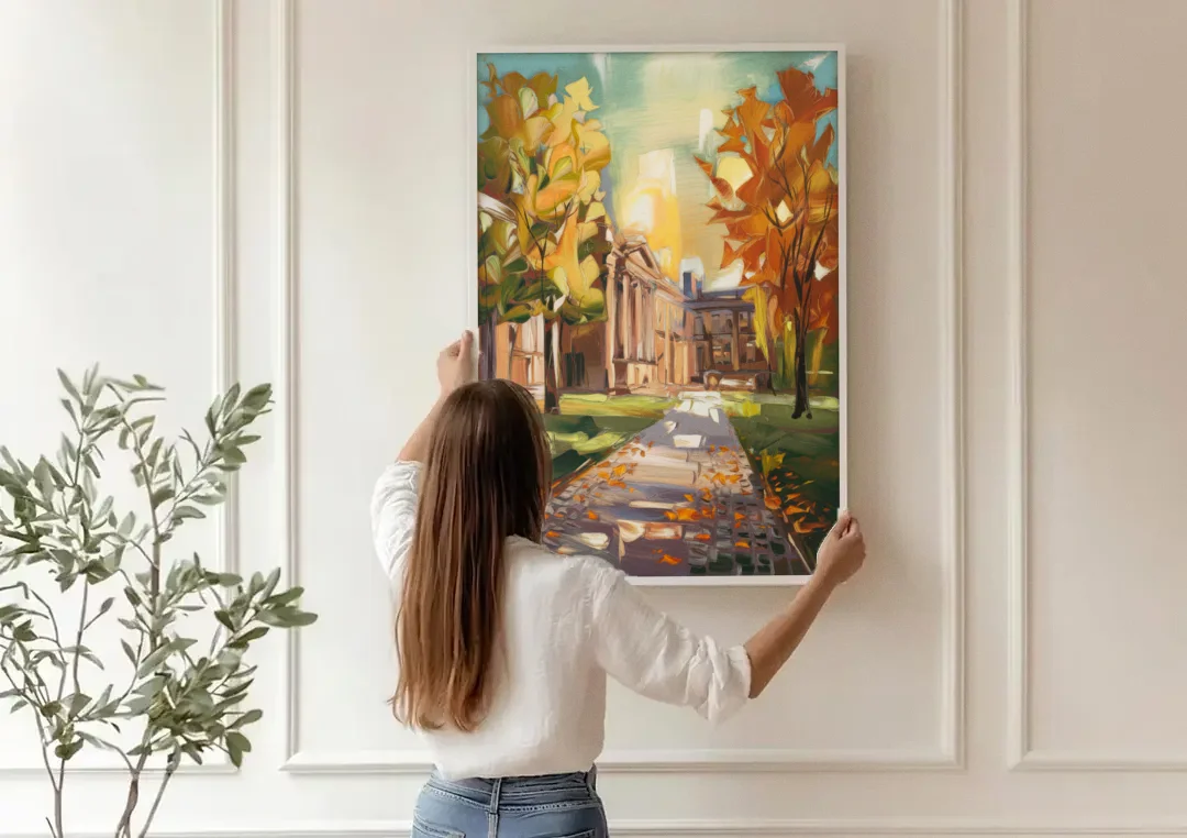 Eugene University Vibes canvas wall art being hung on a paneled wall