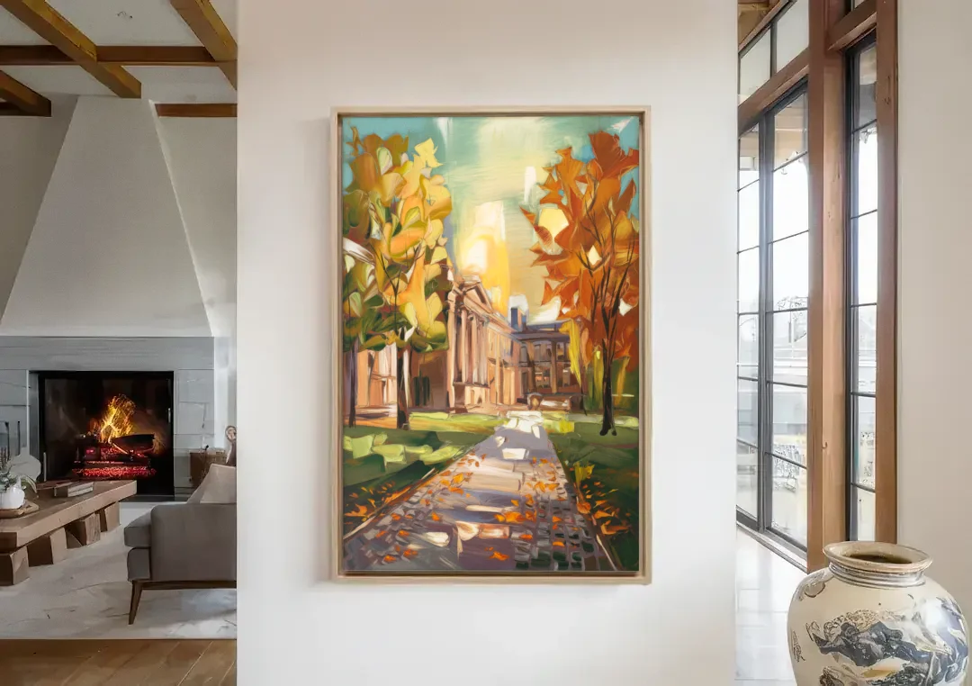 Eugene University Vibes canvas wall art in a living room with a fireplace