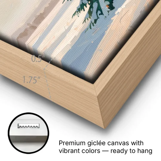 Evergreen Tree Painting of a Lone Snowy Fir - Oak Framed Canvas Wall Art - Gallery Wrap Corner