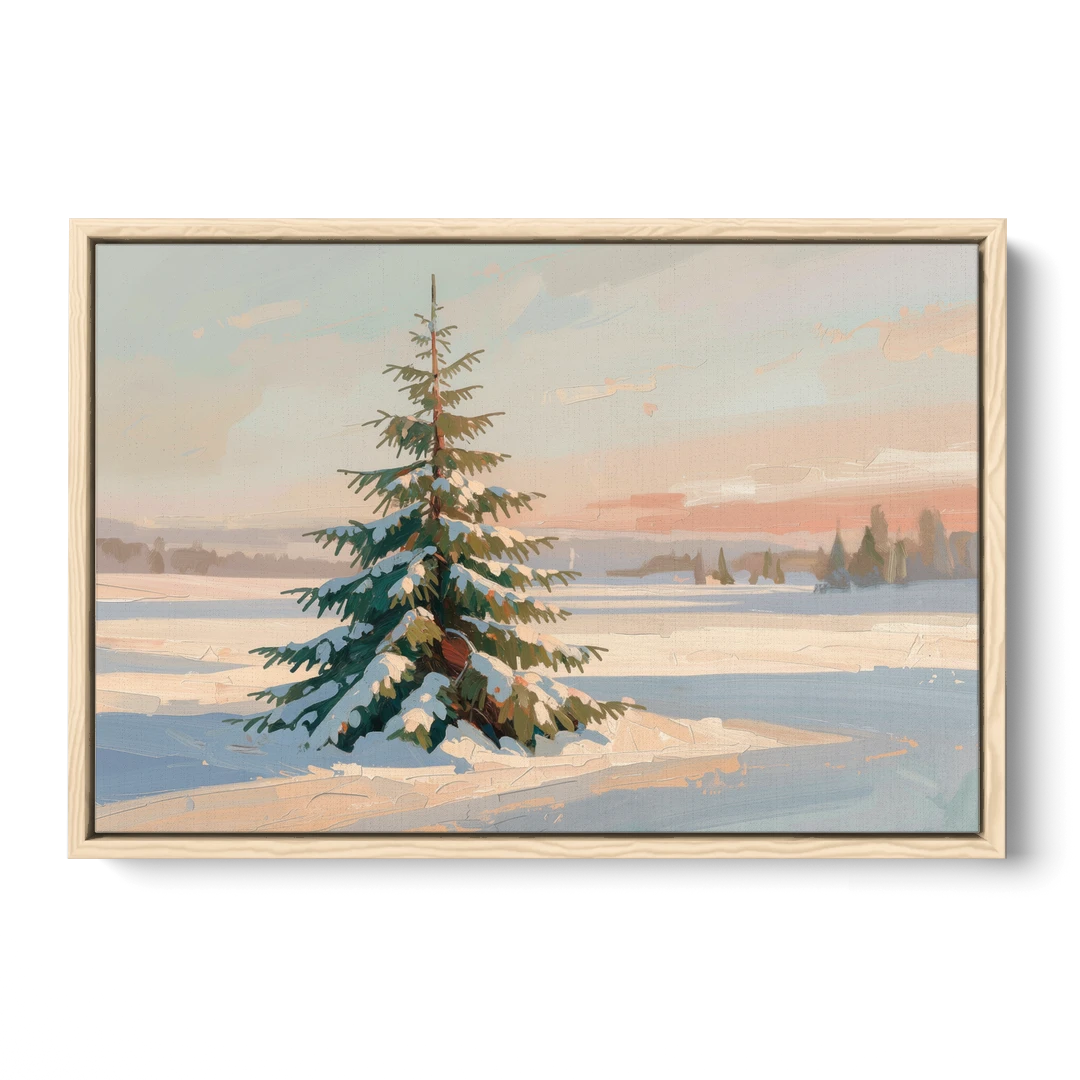 Evergreen Tree Painting of a Lone Snowy Fir - Oak Framed Canvas Wall Art - Front