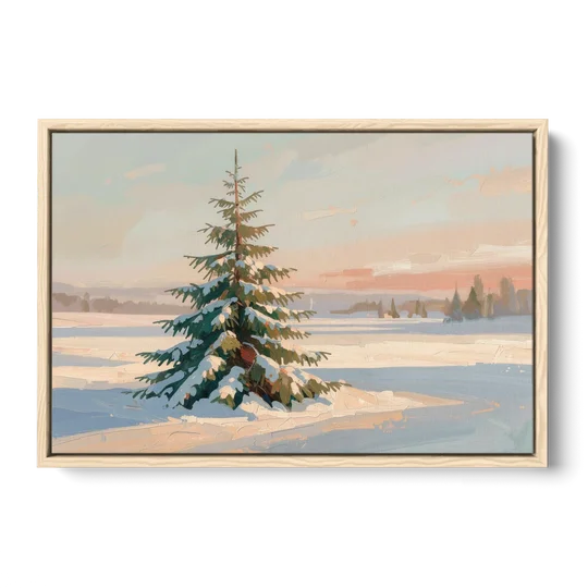 Evergreen Tree Painting of a Lone Snowy Fir - Oak Framed Canvas Wall Art - Front